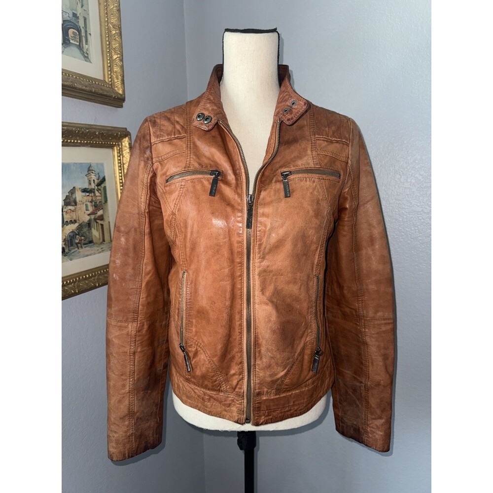 Vintage Bernardo Leather Jacket Women Small Distressed Moto Biker Cognac Brown